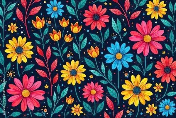 Fototapeta Intricate line art wildflowers in a vibrant, repeating pattern , design, plant, daisy