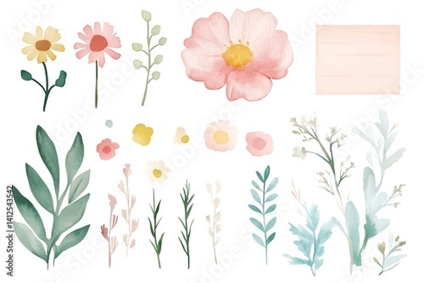 Fototapeta Watercolor floral elements; flowers, leaves, branches, and a blank note.