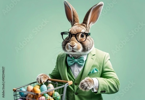Obraz Portrait of a bright rabbit with Easter eggs on a light green background
