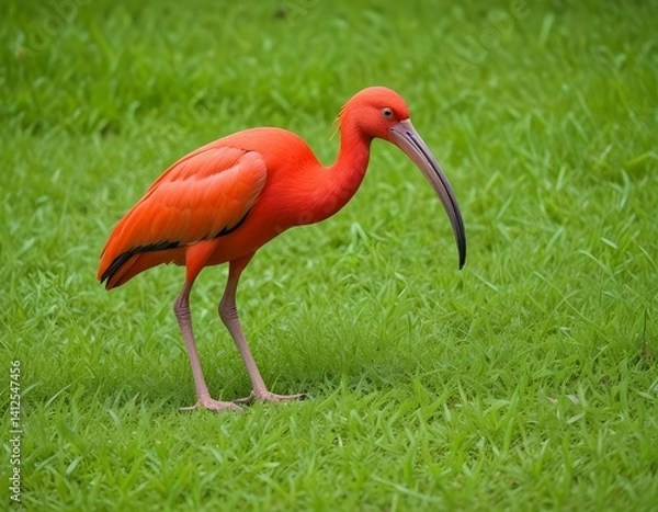 Fototapeta red ibis on green natural grass background. The scarlet ibis Eudocimus ruber looking for food in green grass. Red water tropical bird on the ground in the grass on a green background