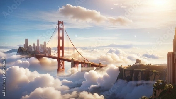 Obraz Golden Gate Bridge Above the Clouds with Cityscape and Cliffside View