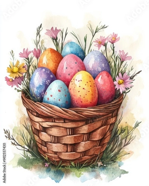 Fototapeta Cute watercolor illustration of a basket filled with colorful Paska eggs, surrounded by spring flowers, soft pastel tones