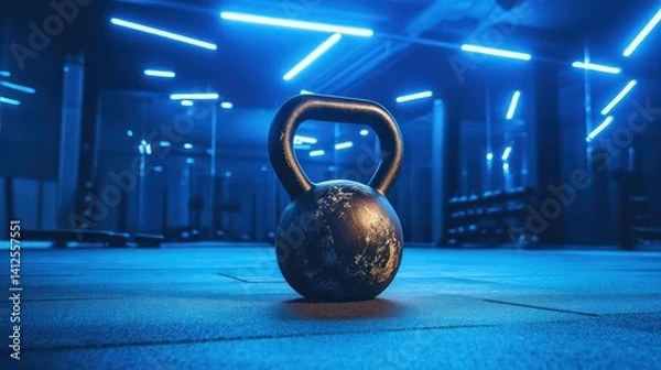 Fototapeta A heavy-duty competition kettlebell with visible wear and tear, placed in an empty gym space with cool blue lighting for an intense training atmosphere
