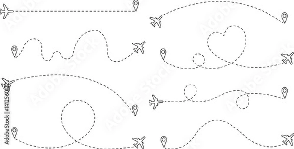 Fototapeta Airplane Flight Path Icons with Dotted Line Routes