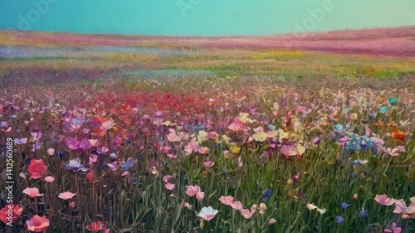 Fototapeta Bright and unusual spring landscape with fantastic colors, blooming fields, abstract shapes, and a fairytale atmosphere — perfect as a background or backdrop.