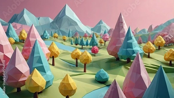 Fototapeta Bright and unusual spring landscape with fantastic colors, blooming fields, abstract shapes, and a fairytale atmosphere — perfect as a background or backdrop.