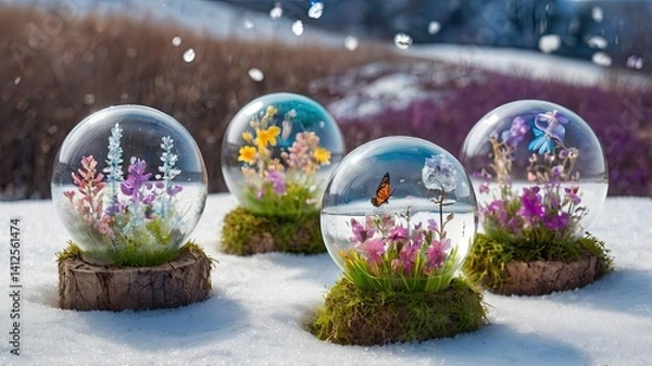 Fototapeta Bright and unusual spring landscape with fantastic colors, blooming fields, abstract shapes, and a fairytale atmosphere — perfect as a background or backdrop.