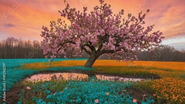 Fototapeta Bright and unusual spring landscape with fantastic colors, blooming fields, abstract shapes, and a fairytale atmosphere — perfect as a background or backdrop.