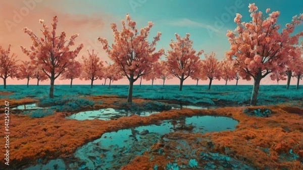 Fototapeta Bright and unusual spring landscape with fantastic colors, blooming fields, abstract shapes, and a fairytale atmosphere — perfect as a background or backdrop.