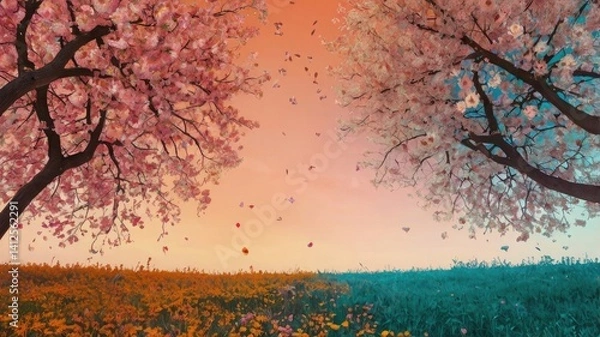 Fototapeta Bright and unusual spring landscape with fantastic colors, blooming fields, abstract shapes, and a fairytale atmosphere — perfect as a background or backdrop.