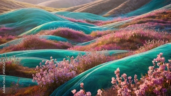 Fototapeta Bright and unusual spring landscape with fantastic colors, blooming fields, abstract shapes, and a fairytale atmosphere — perfect as a background or backdrop.