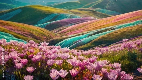 Fototapeta Bright and unusual spring landscape with fantastic colors, blooming fields, abstract shapes, and a fairytale atmosphere — perfect as a background or backdrop.