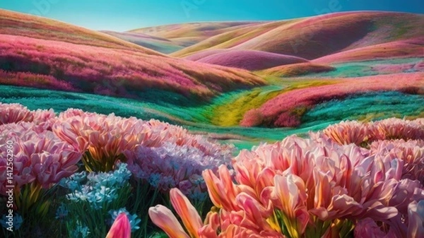 Fototapeta Bright and unusual spring landscape with fantastic colors, blooming fields, abstract shapes, and a fairytale atmosphere — perfect as a background or backdrop.
