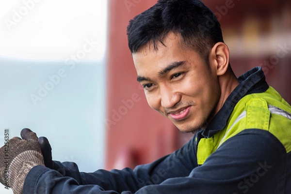 Fototapeta Portrait of a young Filipino marine engineer aboard a large container ship, gazing ahead with a thoughtful yet content expression—carrying both pride and longing across distant seas.