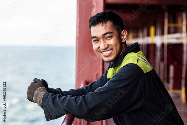 Fototapeta Portrait of a young Filipino marine engineer aboard a large container ship, gazing ahead with a thoughtful yet content expression—carrying both pride and longing across distant seas.