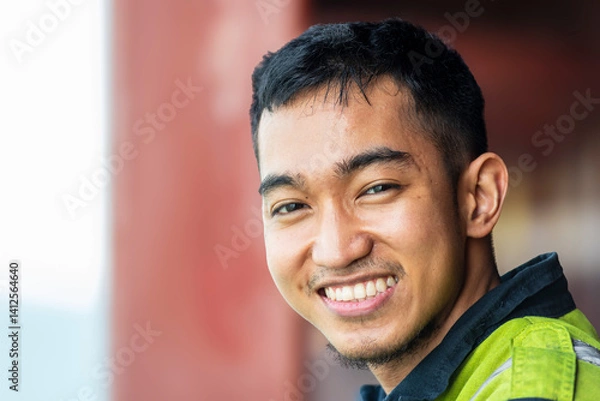 Fototapeta Portrait of a young Filipino marine engineer aboard a large container ship, gazing ahead with a thoughtful yet content expression—carrying both pride and longing across distant seas.