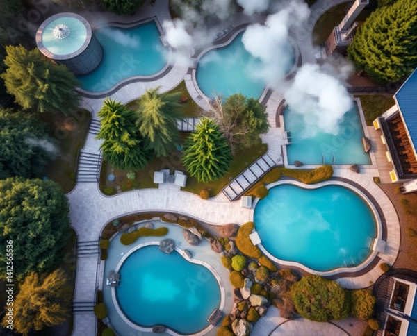 Obraz Relaxation awaits in serene thermal pools surrounded by lush greenery, creating a tranquil escape from the everyday hustle and bustle