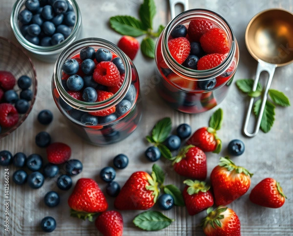 Obraz Jars filled with fresh strawberries and blueberries on a rustic countertop during a sunny afternoon