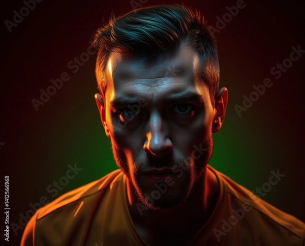Obraz Intense expression of a determined athlete in dramatic lighting showcasing raw emotions and inner strength