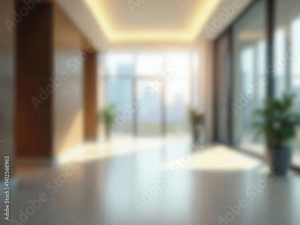 Fototapeta Cool Blurred hotel or office building lobby blur background interior view toward reception hall modern luxury white room space with blurry corridor and building glass wall window : Generative AI