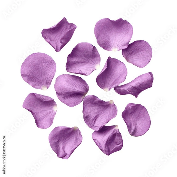 Fototapeta Delicate purple rose petals scattered artistically, showcasing the soft texture and vibrant color against a white background.