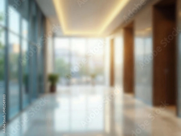 Fototapeta Cool Blurred hotel or office building lobby blur background interior view toward reception hall modern luxury white room space with blurry corridor and building glass wall window : Generative AI
