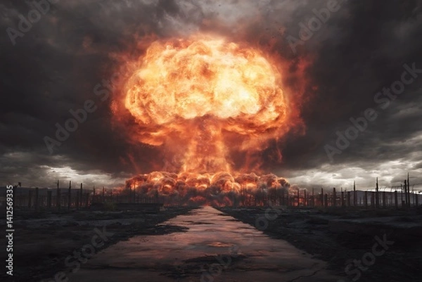 Obraz AI nuclear blast image mushroom cloud over deserted land war destruction disaster  
