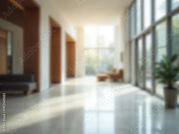 Fototapeta Cool Blurred hotel or office building lobby blur background interior view toward reception hall modern luxury white room space with blurry corridor and building glass wall window : Generative AI