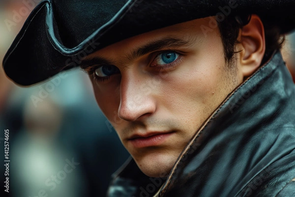 Obraz Close-up of a person wearing a leather coat with an intense expression