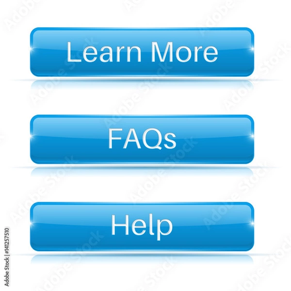 Fototapeta FAQs, Learn More, Help buttons. Blue 3d icons