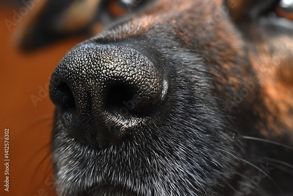 Obraz Dog nose close up wet black wrinkled snout for tracking hunting veterinary brown background  
