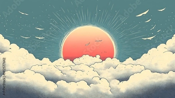 Obraz Stylized Sunrise with Clouds and Birds suitable for professional presentation