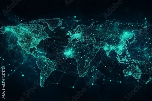 Fototapeta digital world map with  green blue data points and connection lines representing global data trends, set against a simple dark background