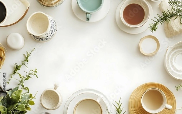Obraz Coffee and Plants on White Background Flat Lay suitable for professional presentation