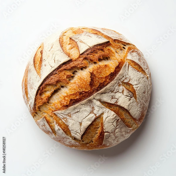 Fototapeta An overhead shot of a loaf of sourdough bread with decorative cuts on a white surface