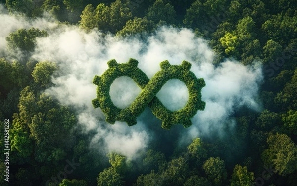 Fototapeta A green infinity symbol made of trees and gears emerges from a cloud over a forest