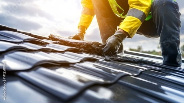 Fototapeta Roofing worker repairing a leaking roof with tar. Featuring care and precision