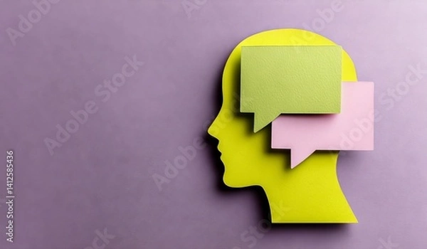 Fototapeta A thought-provoking photo of a paper cutout speech bubble in the shape of a heart, placed on a human head, conveying the idea of vocalizing one's intelligent thoughts and ideas