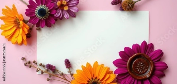Fototapeta Blank card mockup with dried flowers & wax seal, top view,  seal, craft
