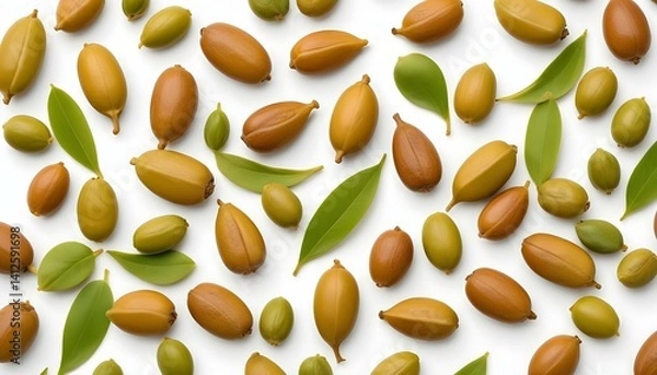 Fototapeta Ziziphus seeds on a white background. Fruits and leaves of jojoba on a white background. Chinese date fruit