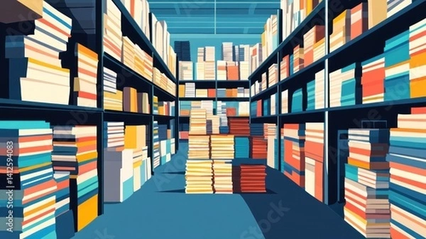 Fototapeta Vast warehouse filled with stacks of books on shelves.