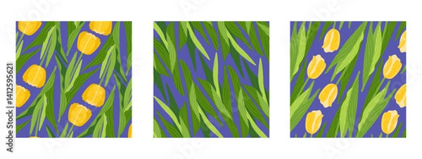 Obraz Three square botanical hand-drawn illustrations featuring various floral backgrounds with multiple tulips flowers and leaves. Ideal for banners, covers, greeting cards, invitations, posters, and other
