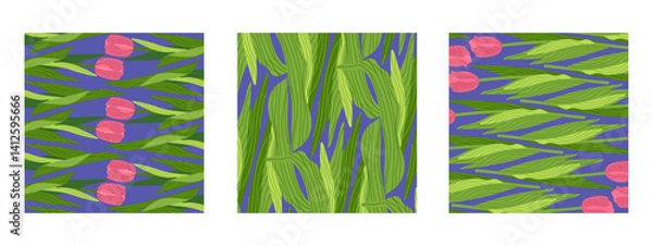 Obraz Three square botanical hand-drawn illustrations featuring various floral backgrounds with multiple tulips flowers and leaves. Ideal for banners, covers, greeting cards, invitations, posters, and other