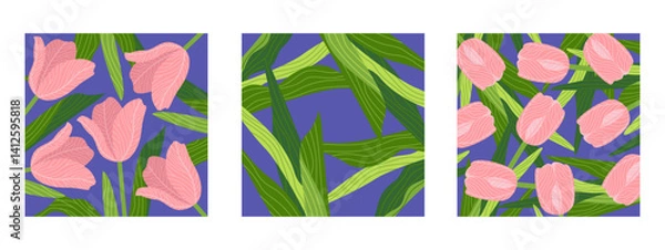 Obraz Three square botanical hand-drawn illustrations featuring various floral backgrounds with multiple tulips flowers and leaves. Ideal for banners, covers, greeting cards, invitations, posters, and other