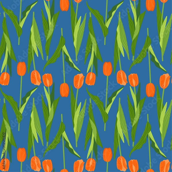 Fototapeta A floral seamless pattern featuring various colorful tulips with green leaves on a dark background. Geometric background pattern. Botanical design for print, wallpaper, textile, and wrapping paper.