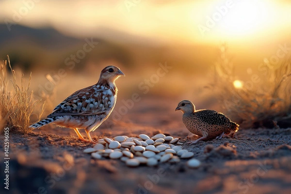 Fototapeta A highly realistic, cinematic close-up of biblical manna and quail from the story of Exodus. 