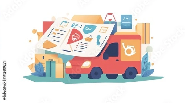 Fototapeta Red delivery van with paperwork and packages.