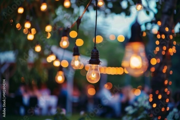 Fototapeta Elegant outdoor networking event with string lights illuminating