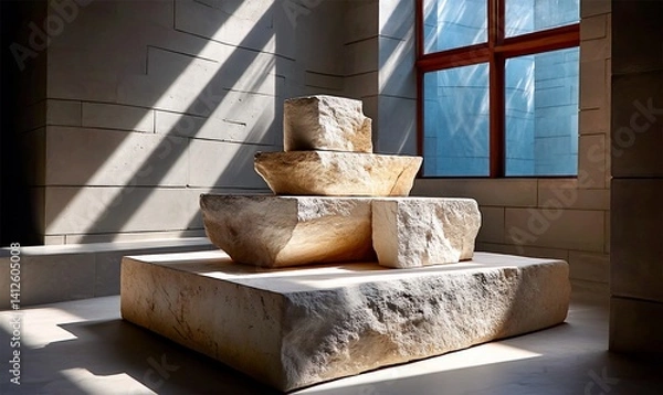 Fototapeta Sculptural art of raw stone fragments stacked in sunlit corner, textures, hues of tan