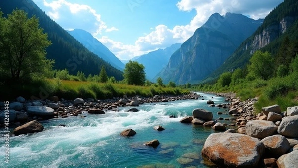 Obraz Scenic river flowing through a mountainous landscape with clear blue water and rocky banks
